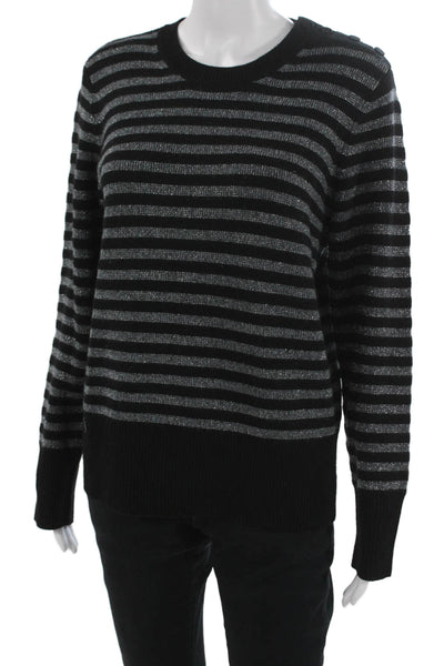 Equipment Femme Women Black Wool Blend Striped Crew Neck Sweater Size M