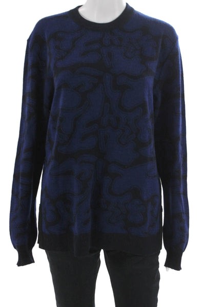 Julien David Womens Pullover Sweater Blue Geometric Wool Crew Neck Size L