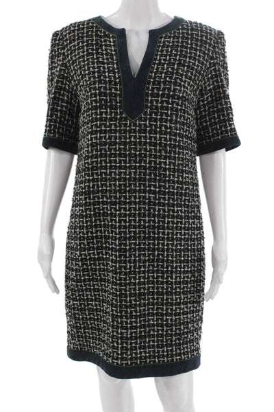 Chanel Womens Black Check V-Neck Shift Dress Half Sleeve Zip Polyamide Size 40