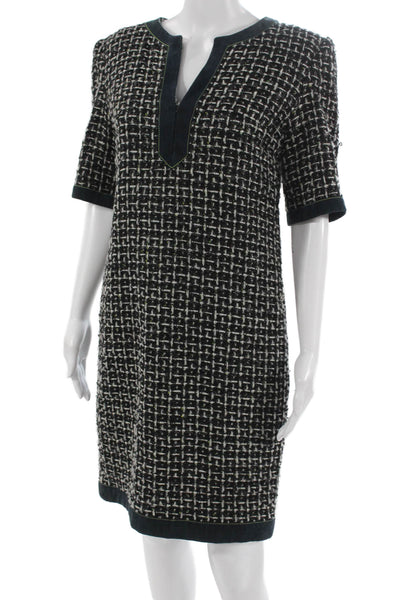 Chanel Womens Black Check V-Neck Shift Dress Half Sleeve Zip Polyamide Size 40