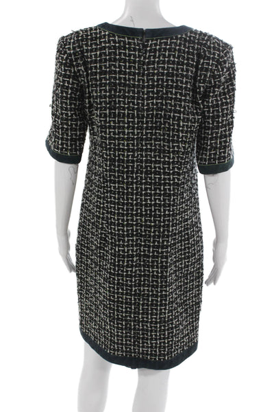 Chanel Womens Black Check V-Neck Shift Dress Half Sleeve Zip Polyamide Size 40