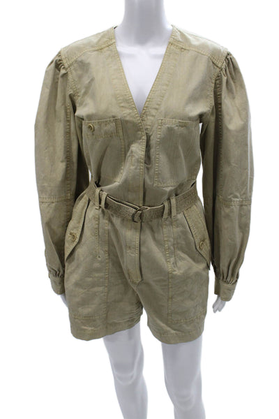 Ulla Johnson Womens Romper Beige Cotton V-Neck Long Sleeve Zip Size S