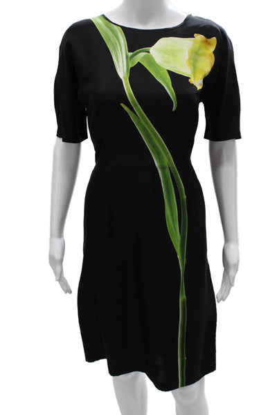 Prada Women Sheath Dress Black Silk Boat Neck Short Sleeve Floral Size 42