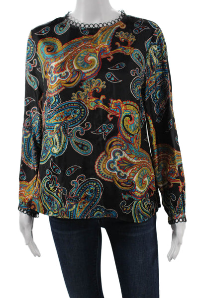 J Crew Women Basic Silk Paisley Round Neck Long Sleeve Blouse Multicolor Size 6