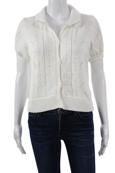 Minnie Rose Womens Collared Heart Cardigan White Cotton Short Sleeve Size XS
