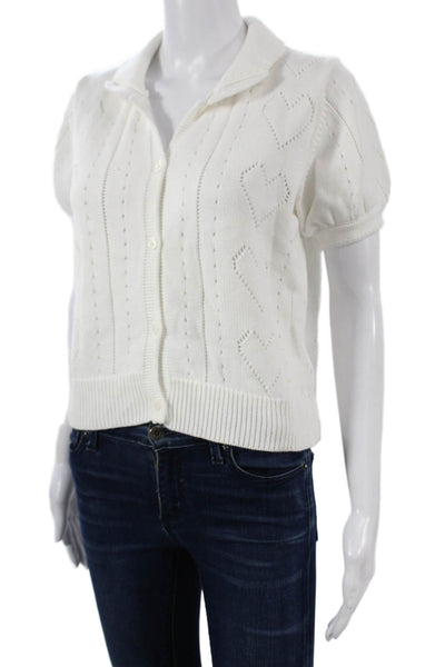 Minnie Rose Womens Collared Heart Cardigan White Cotton Short Sleeve Size XS