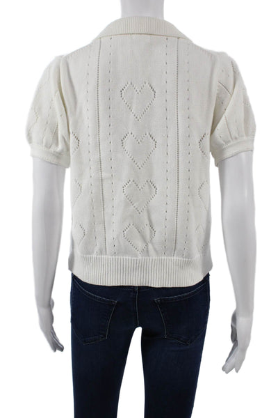 Minnie Rose Womens Collared Heart Cardigan White Cotton Short Sleeve Size XS
