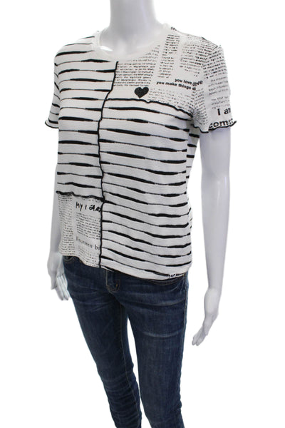 Desigual Women White Striped Tee Short Sleeve Size L