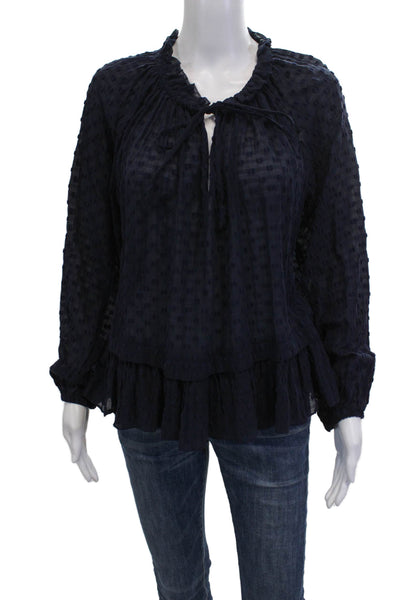 Rebecca Taylor Women Silk High-Neck Polka Dot Tunic Tie Long Sleeve Blue Size 8
