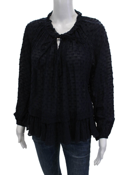 Rebecca Taylor Women Silk High-Neck Polka Dot Tunic Tie Long Sleeve Blue Size 8