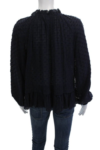 Rebecca Taylor Women Silk High-Neck Polka Dot Tunic Tie Long Sleeve Blue Size 8