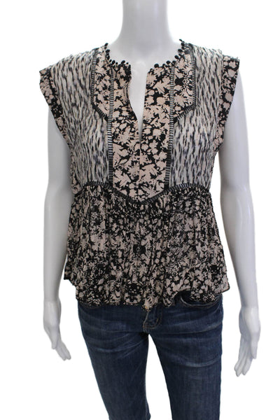 Rebecca Taylor Womens Black Silk Floral V-Neck Tunic Blouse Sleeveless Size 6
