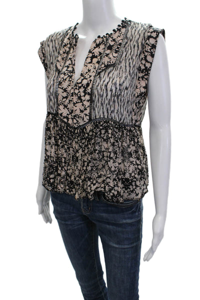 Rebecca Taylor Womens Black Silk Floral V-Neck Tunic Blouse Sleeveless Size 6