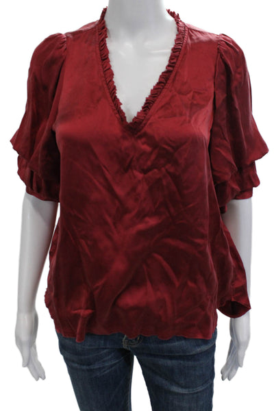 Go Silk Women Basic Silk V Neck Short Sleeve Blouse Red Pullover Size S