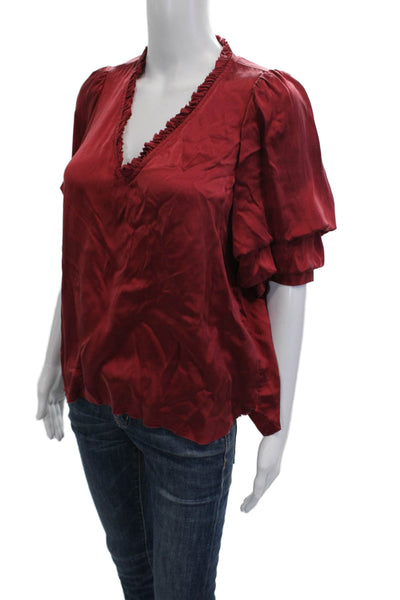 Go Silk Women Basic Silk V Neck Short Sleeve Blouse Red Pullover Size S
