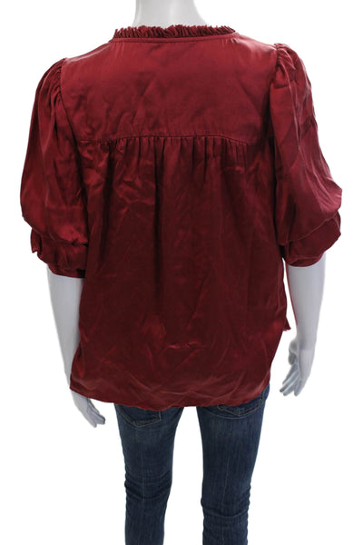 Go Silk Women Basic Silk V Neck Short Sleeve Blouse Red Pullover Size S