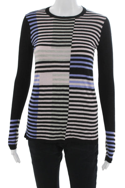 Vince Womens Black Merino Wool Striped Pullover Sweater Crew Neck Size 2XS