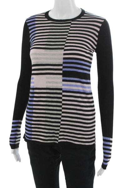 Vince Womens Black Merino Wool Striped Pullover Sweater Crew Neck Size 2XS