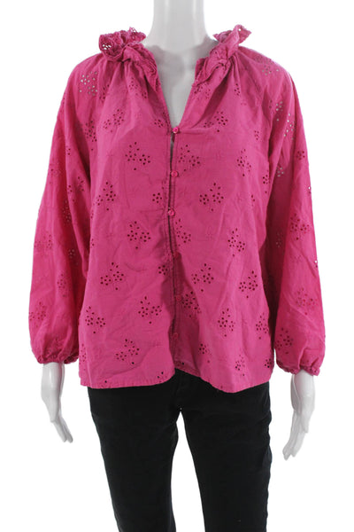 J Crew Women Basic V-Neck Pink Floral Cotton Blouse Long Sleeve Button Size M