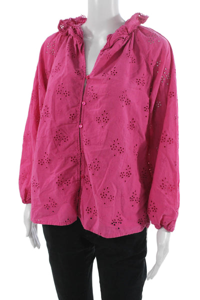 J Crew Women Basic V-Neck Pink Floral Cotton Blouse Long Sleeve Button Size M