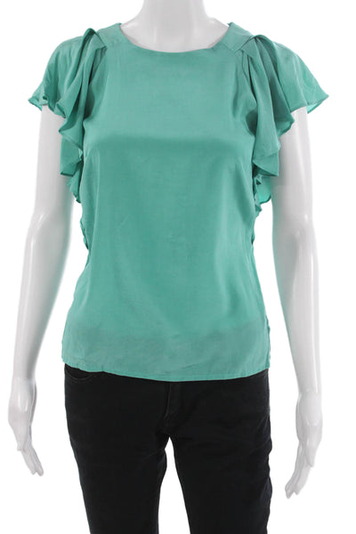 Per Se Womens Basic Short Sleeve Round Neck Blouse Green Zip Polyester Size 2