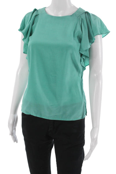 Per Se Womens Basic Short Sleeve Round Neck Blouse Green Zip Polyester Size 2