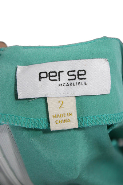Per Se Womens Basic Short Sleeve Round Neck Blouse Green Zip Polyester Size 2