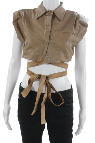 Nonchalant Label Womens Cropped Sleeveless Collared Button-Up Beige Top Size S