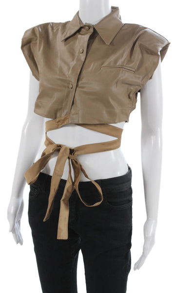 Nonchalant Label Womens Cropped Sleeveless Collared Button-Up Beige Top Size S