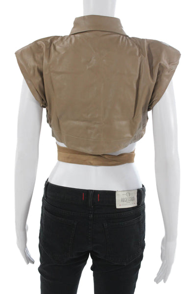 Nonchalant Label Womens Cropped Sleeveless Collared Button-Up Beige Top Size S