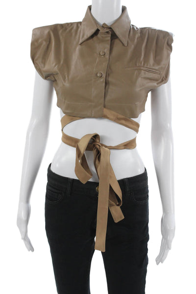 Nonchalant Label Womens Cropped Collared Button Up Blouse Beige Size XS