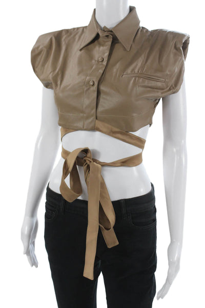 Nonchalant Label Womens Cropped Collared Button Up Blouse Beige Size XS