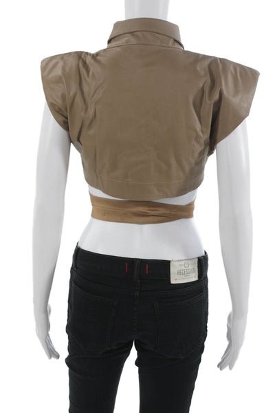 Nonchalant Label Womens Cropped Collared Button Up Blouse Beige Size XS