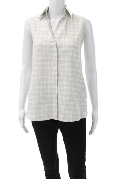 Sharis Place Womens Collared Plaid Cotton Sleeveless Button Blouse Size 36