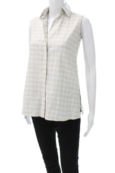 Sharis Place Womens Collared Plaid Cotton Sleeveless Button Blouse Size 36