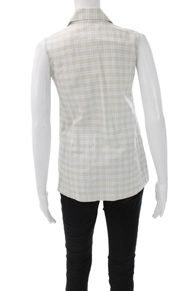 Sharis Place Womens Collared Plaid Cotton Sleeveless Button Blouse Size 36