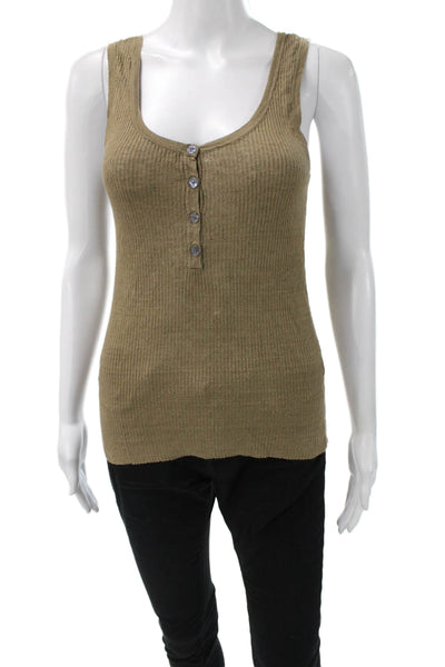 Nili Lotan Women Sleeveless Linen Henley Button Tank Brown Basic Summer Size S