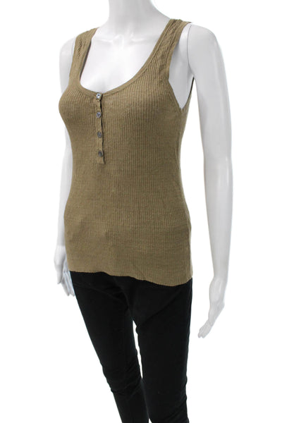 Nili Lotan Women Sleeveless Linen Henley Button Tank Brown Basic Summer Size S