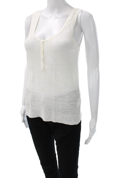 Nili Lotan Women Basic Linen Henley Button Sleeveless Tank White Size S