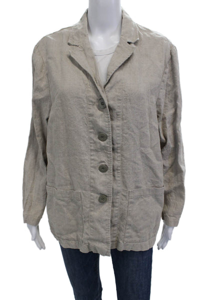 Eileen Fisher Women Beige Linen Basic Jacket Button Long Sleeve Size S