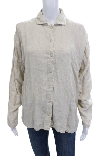 Eileen Fisher Women Beige Linen Blend Button-Up Long Sleeve Basic Size 1