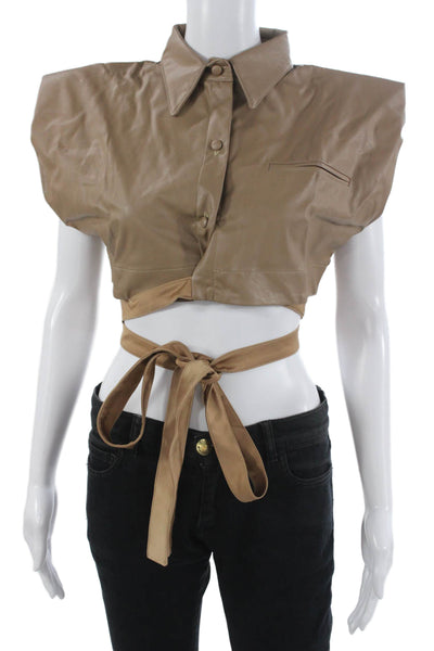 Nonchalant Label Womens Cropped Collared Button Up Sleeveless Beige Top Size XS