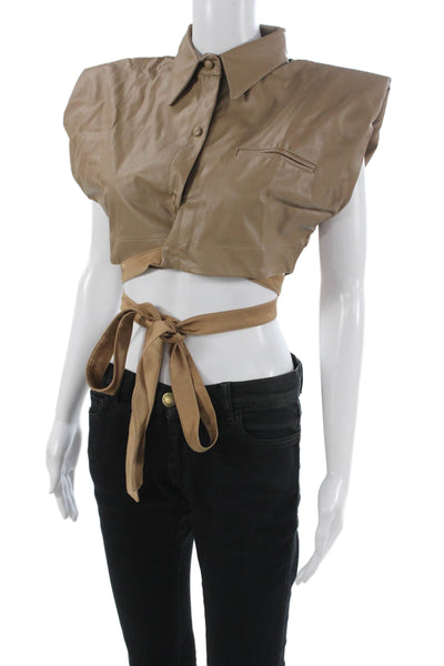 Nonchalant Label Womens Cropped Collared Button Up Sleeveless Beige Top Size XS