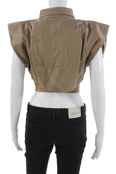 Nonchalant Label Womens Cropped Collared Button Up Sleeveless Beige Top Size XS