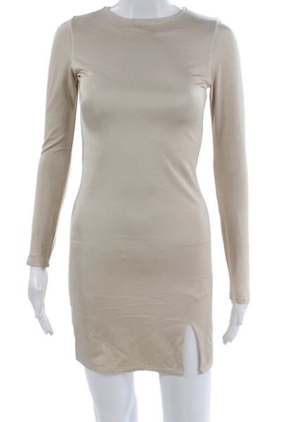 Nonchalant Label Women Bodycon Short Beige Crew Neck Long Sleeve Dress Size S