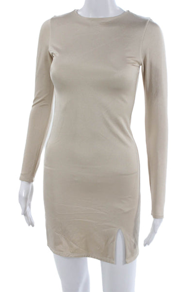 Nonchalant Label Women Bodycon Short Beige Crew Neck Long Sleeve Dress Size S
