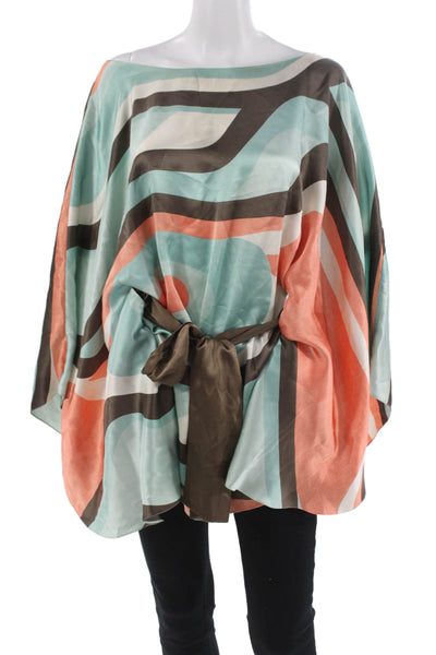 Daslu Women Silk Multicolor Tunic Boat Neck 3/4 Sleeve Geometric Tie Size 36