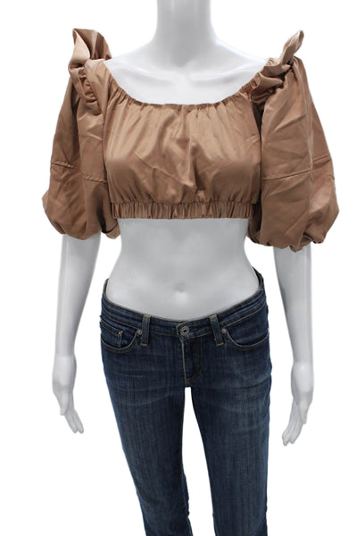 Nonchalant Label Women Cropped Off Shoulder Blouse Beige Short Sleeve Size S