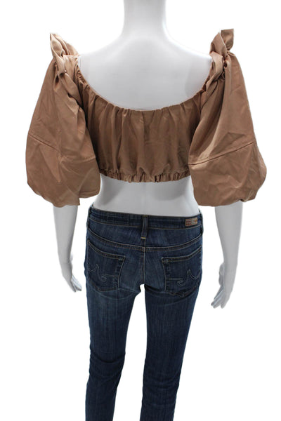 Nonchalant Label Women Cropped Off Shoulder Blouse Beige Short Sleeve Size S