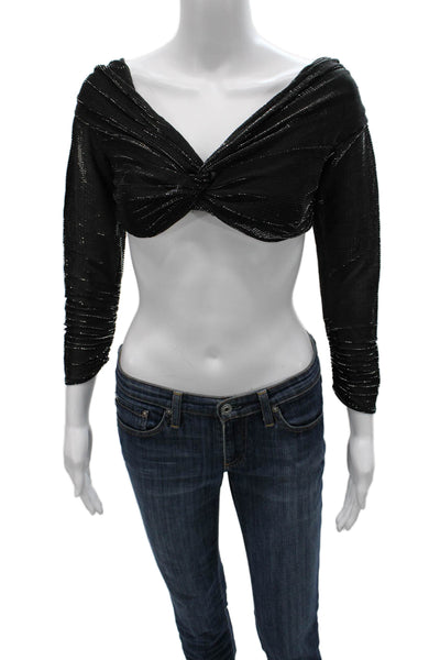 Nonchalant Label Womens Cropped V-Neck Black Blouse Long Sleeve Size S